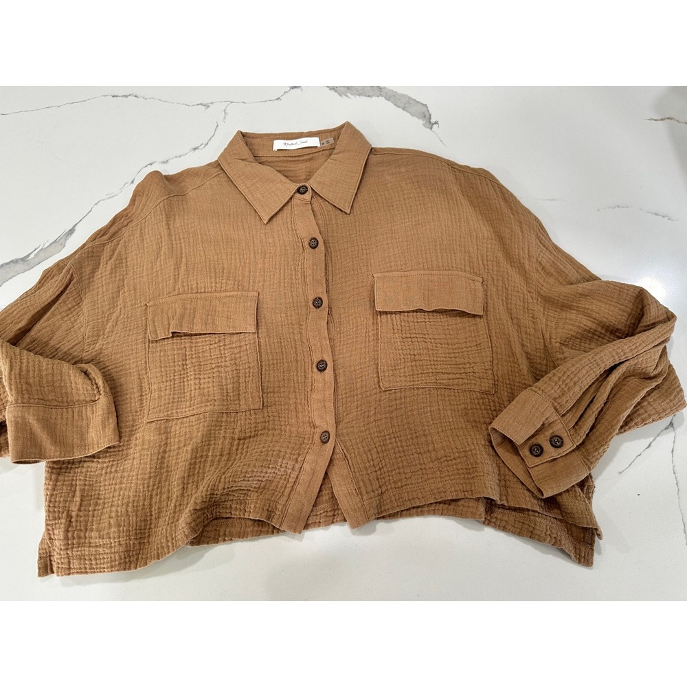 Mustard Seed Brown Cotton Gauze Button Down Shirt Boxy Crop Top S22549 Womens M